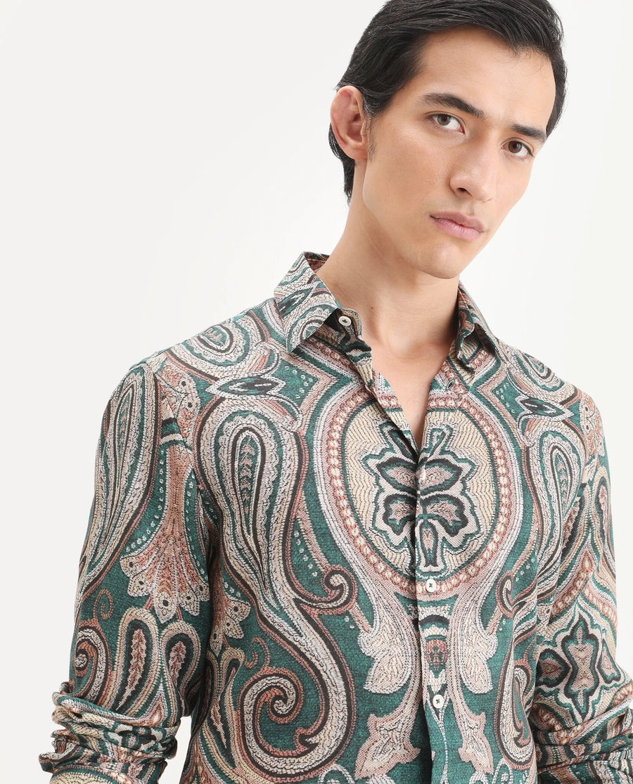 Rare Rabbit Men's Abro Dusky Green Linen Blend Fabric Full Sleeve Spread Collar Regular Fit Paisley Print Shirt