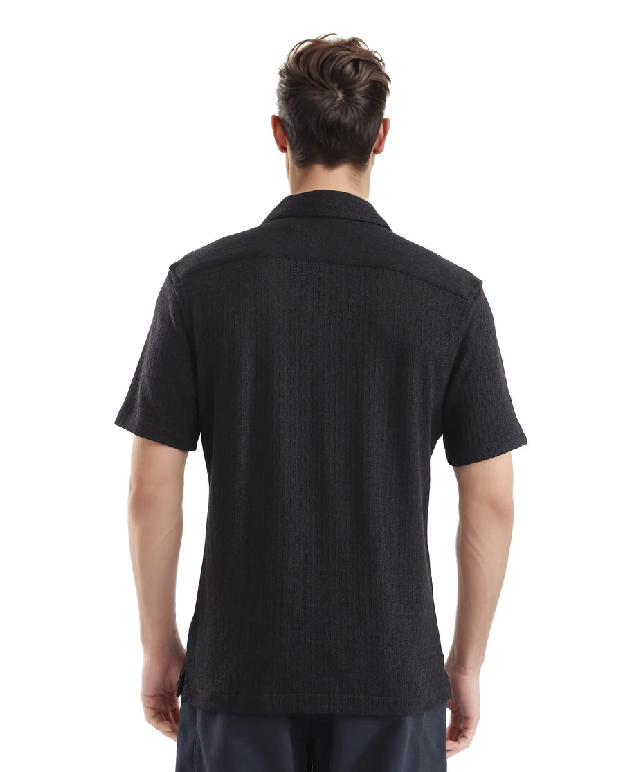 Rare Rabbit Men's Abuj Black Plain Boxy Fit Half Sleeve Cuban Collar Shirt