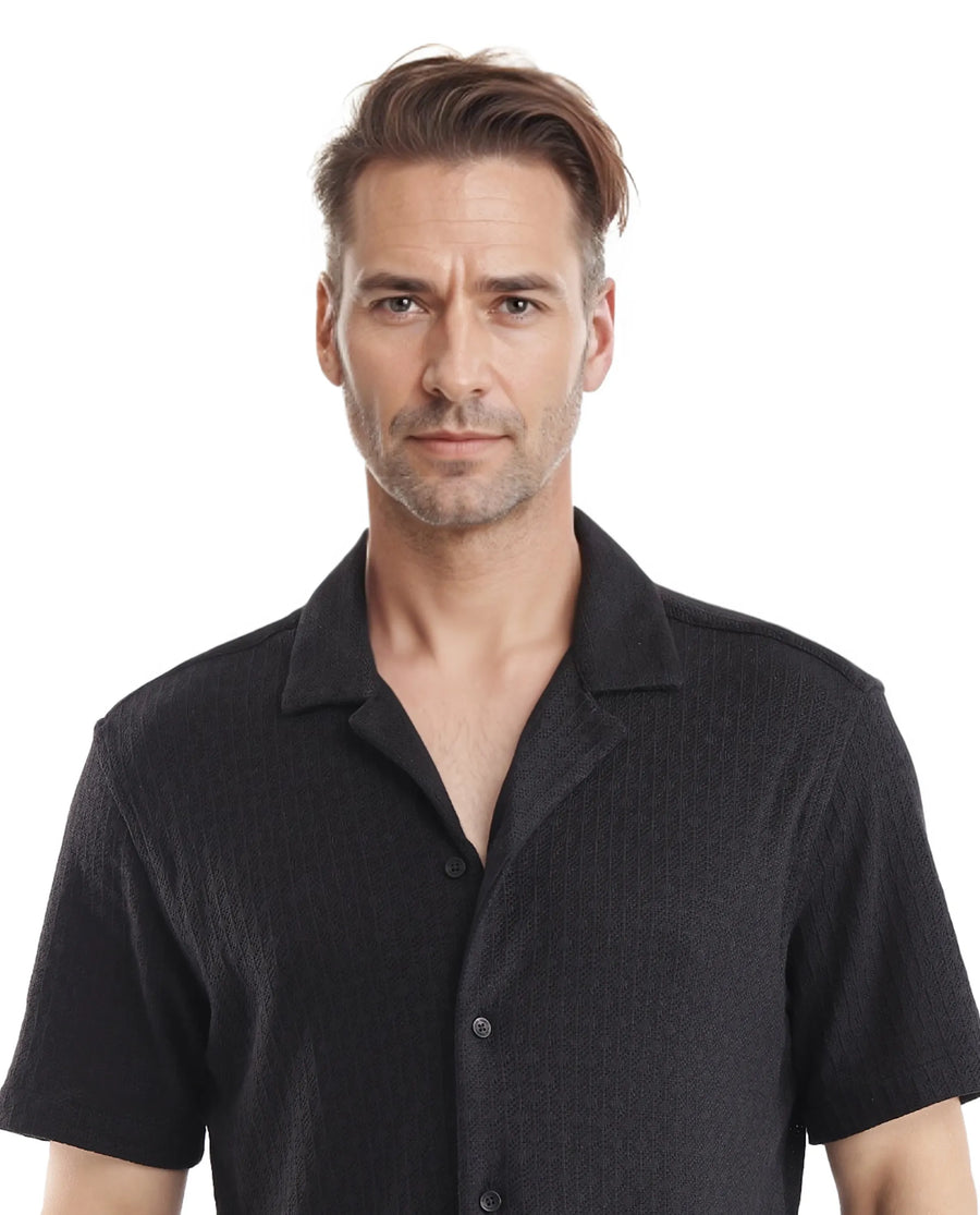 Rare Rabbit Men's Abuj Black Plain Boxy Fit Half Sleeve Cuban Collar Shirt