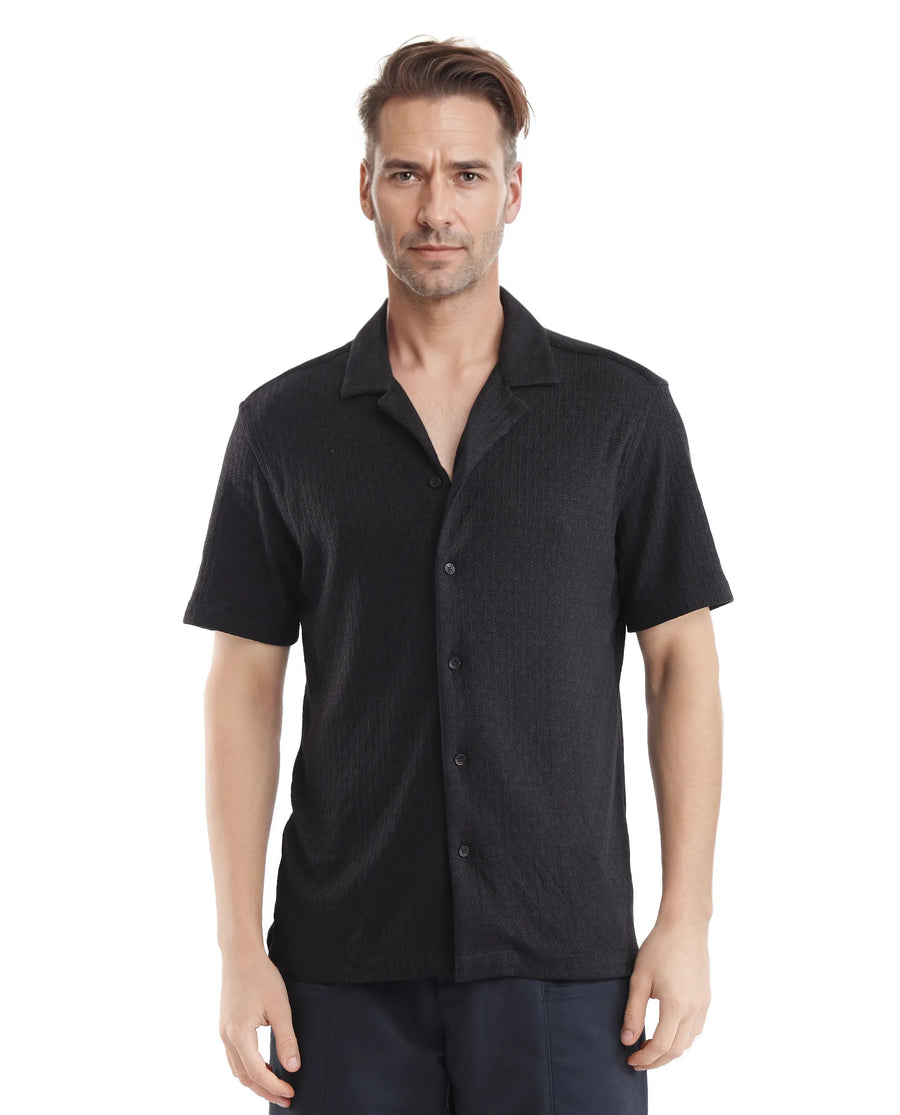 Rare Rabbit Men's Abuj Black Plain Boxy Fit Half Sleeve Cuban Collar Shirt