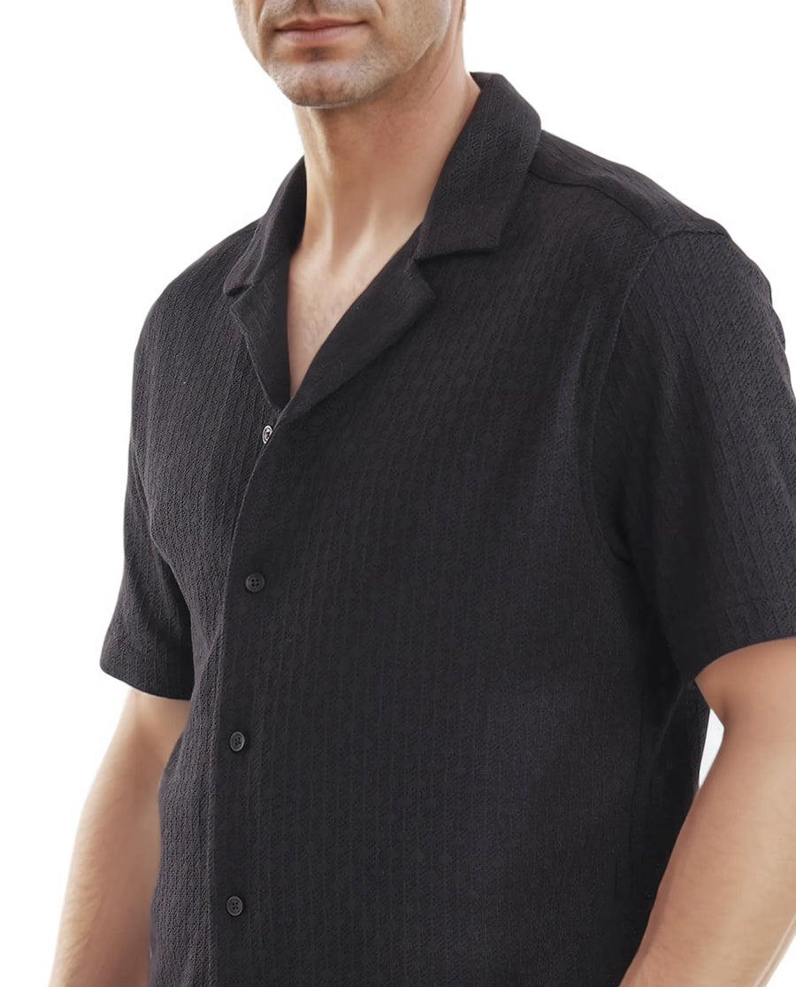 Rare Rabbit Men's Abuj Black Plain Boxy Fit Half Sleeve Cuban Collar Shirt