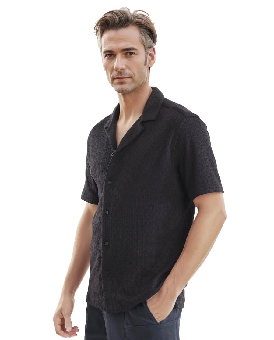 Rare Rabbit Men's Abuj Black Plain Boxy Fit Half Sleeve Cuban Collar Shirt