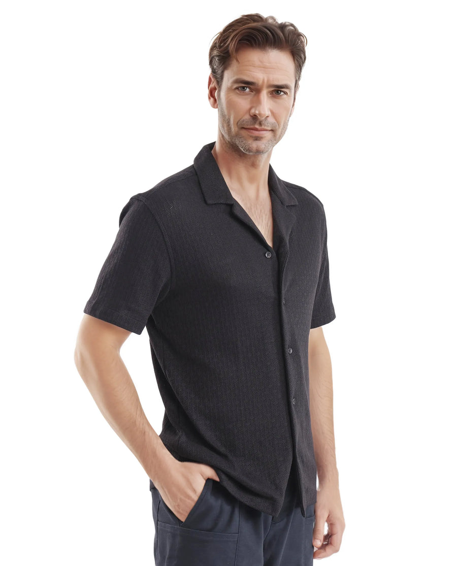 Rare Rabbit Men's Abuj Black Plain Boxy Fit Half Sleeve Cuban Collar Shirt