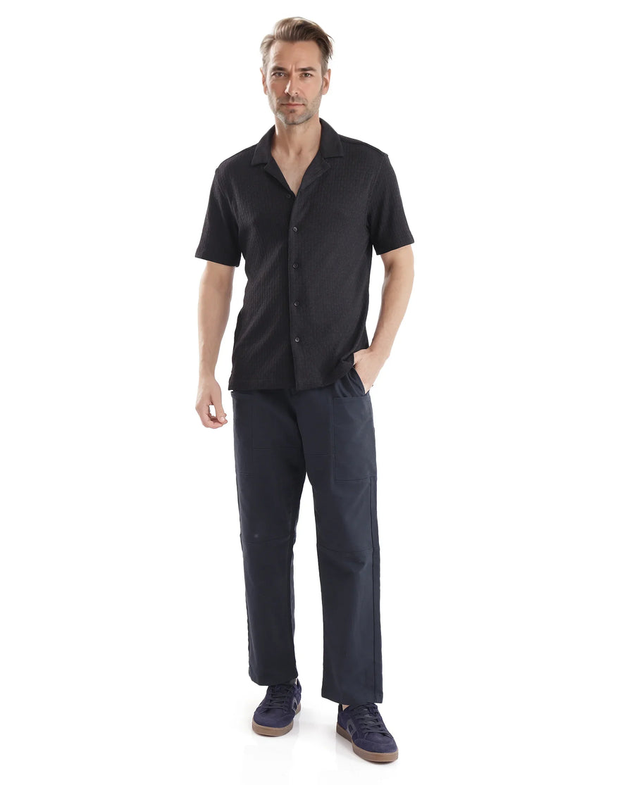 Rare Rabbit Men's Abuj Black Plain Boxy Fit Half Sleeve Cuban Collar Shirt