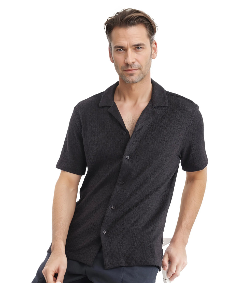 Rare Rabbit Men's Abuj Black Plain Boxy Fit Half Sleeve Cuban Collar Shirt