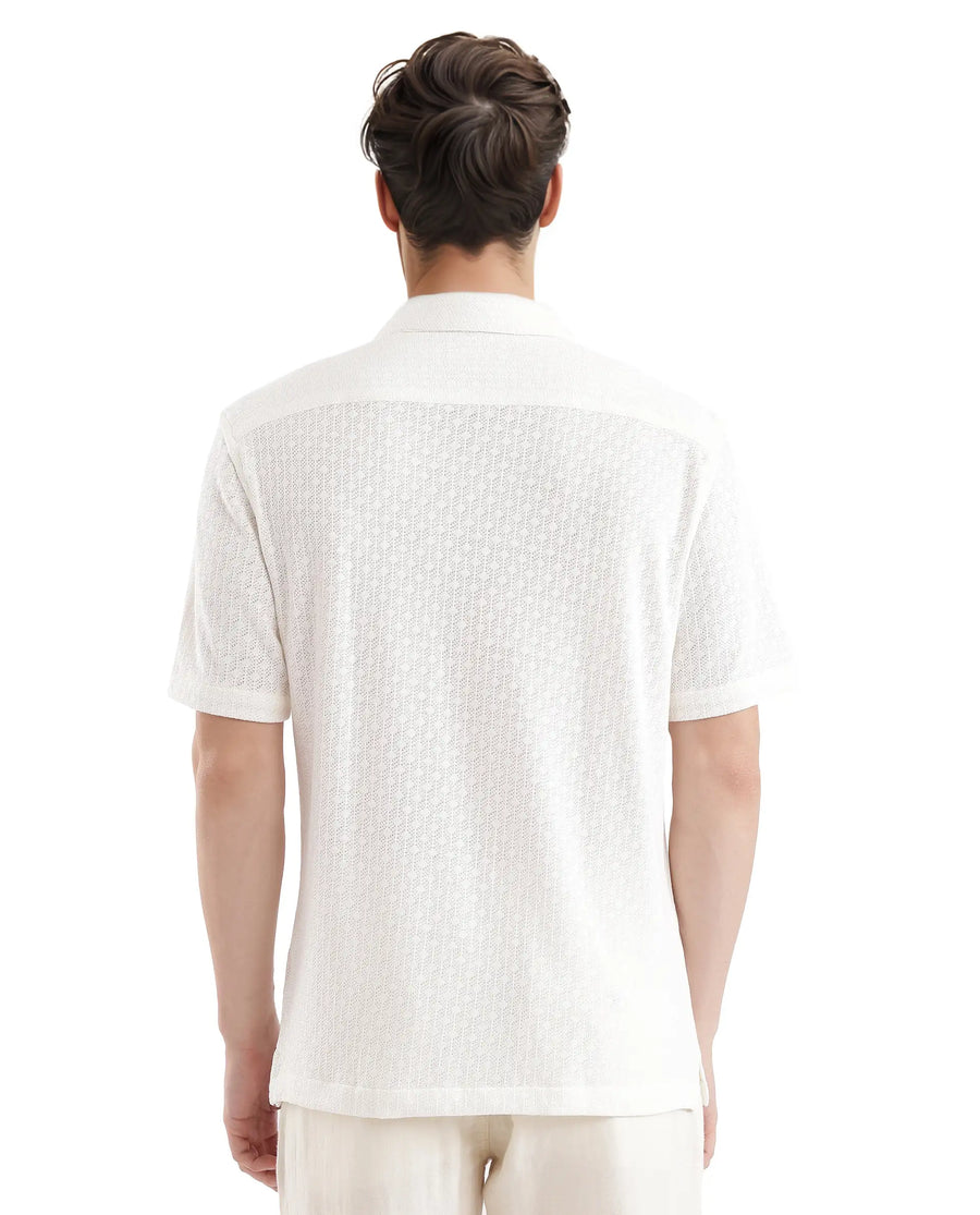 Rare Rabbit Men's Abuj Off White Cotton Blend Plain Boxy Fit Half Sleeve Cuban Collar Shirt