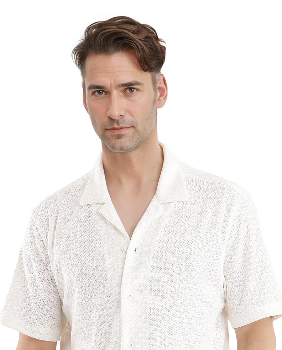 Rare Rabbit Men's Abuj Off White Cotton Blend Plain Boxy Fit Half Sleeve Cuban Collar Shirt