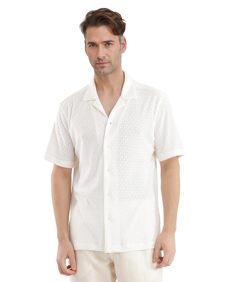 Rare Rabbit Men's Abuj Off White Cotton Blend Plain Boxy Fit Half Sleeve Cuban Collar Shirt