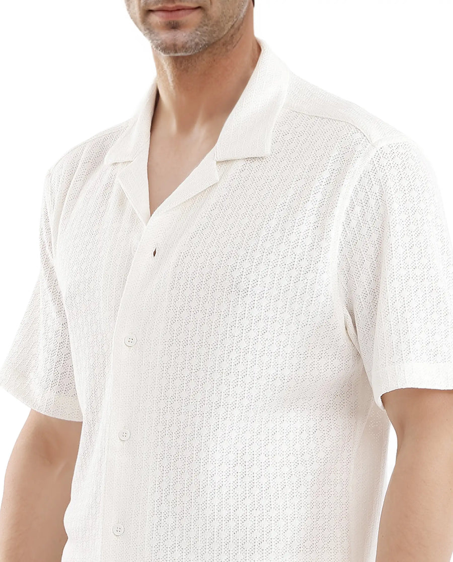 Rare Rabbit Men's Abuj Off White Cotton Blend Plain Boxy Fit Half Sleeve Cuban Collar Shirt