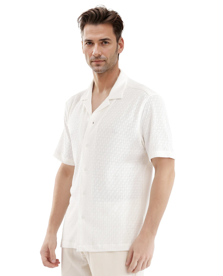 Rare Rabbit Men's Abuj Off White Cotton Blend Plain Boxy Fit Half Sleeve Cuban Collar Shirt