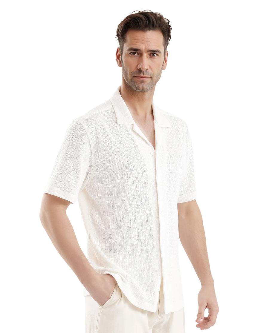 Rare Rabbit Men's Abuj Off White Cotton Blend Plain Boxy Fit Half Sleeve Cuban Collar Shirt