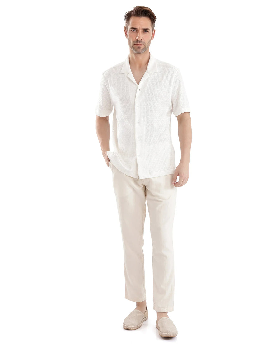 Rare Rabbit Men's Abuj Off White Cotton Blend Plain Boxy Fit Half Sleeve Cuban Collar Shirt