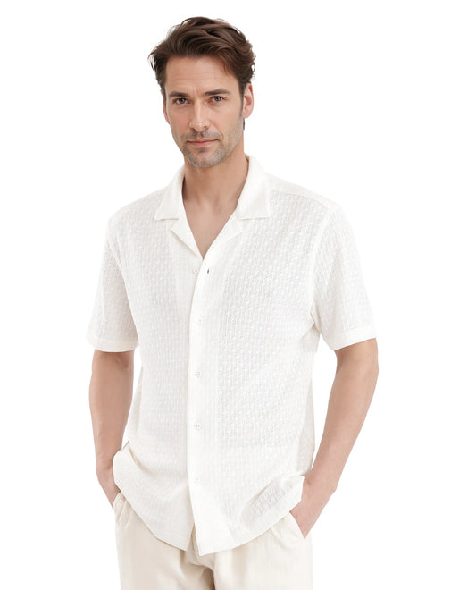 Rare Rabbit Men's Abuj Off White Cotton Blend Plain Boxy Fit Half Sleeve Cuban Collar Shirt