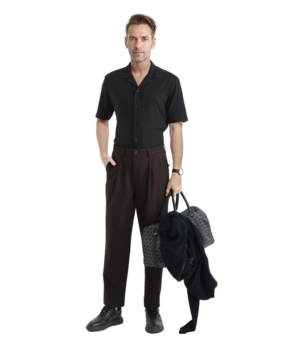 Rare Rabbit Men's Accra Black Cotton Blend Jacquard Boxy Fit Half Sleeve Cuban Collar Shirt