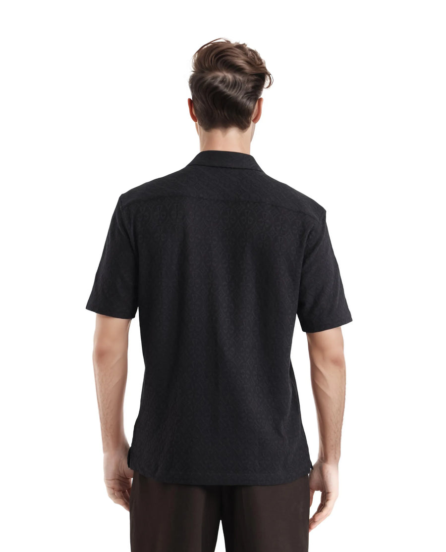 Rare Rabbit Men's Accra Black Cotton Blend Jacquard Boxy Fit Half Sleeve Cuban Collar Shirt