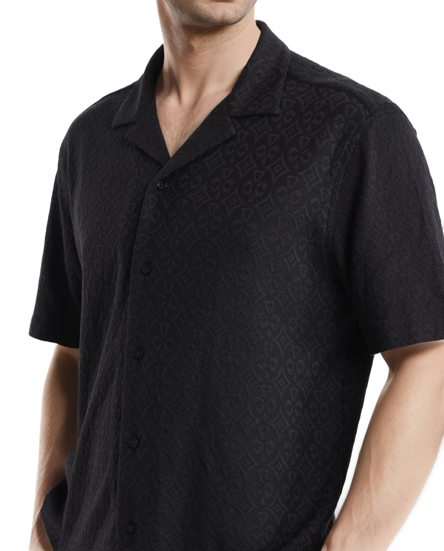 Rare Rabbit Men's Accra Black Cotton Blend Jacquard Boxy Fit Half Sleeve Cuban Collar Shirt
