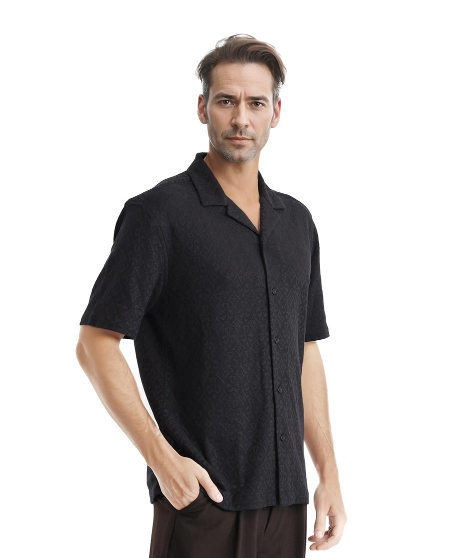 Rare Rabbit Men's Accra Black Cotton Blend Jacquard Boxy Fit Half Sleeve Cuban Collar Shirt