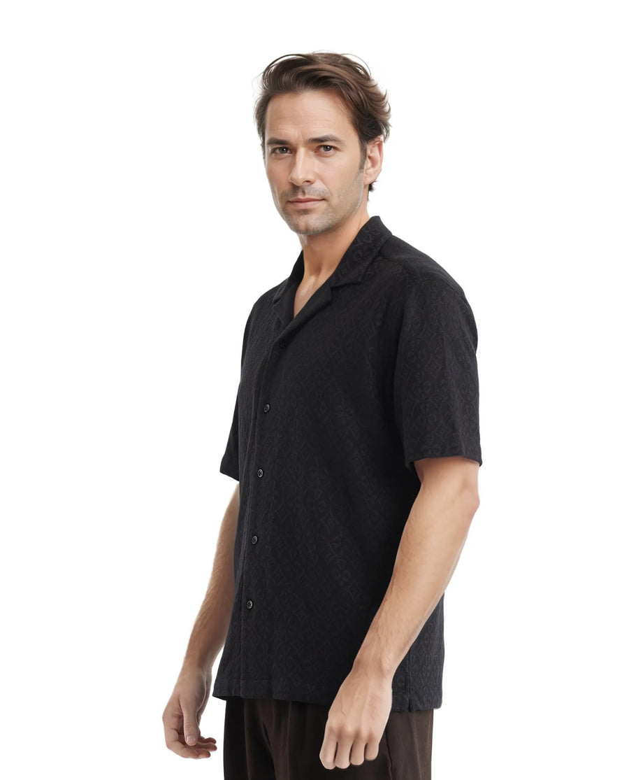 Rare Rabbit Men's Accra Black Cotton Blend Jacquard Boxy Fit Half Sleeve Cuban Collar Shirt