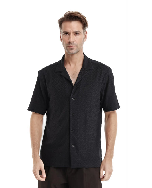 Rare Rabbit Men's Accra Black Cotton Blend Jacquard Boxy Fit Half Sleeve Cuban Collar Shirt