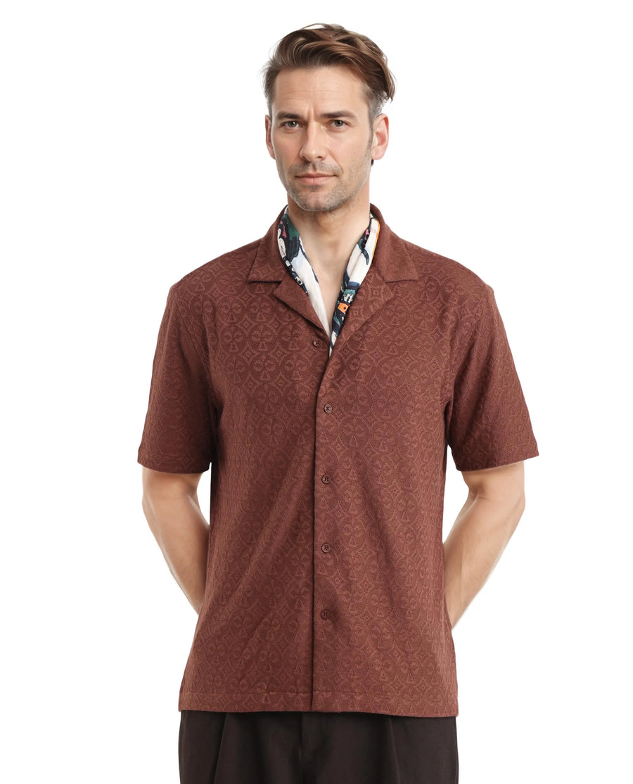 Rare Rabbit Men's Accra Dark Brown Cotton Blend Jacquard Boxy Fit Half Sleeve Cuban Collar Shirt