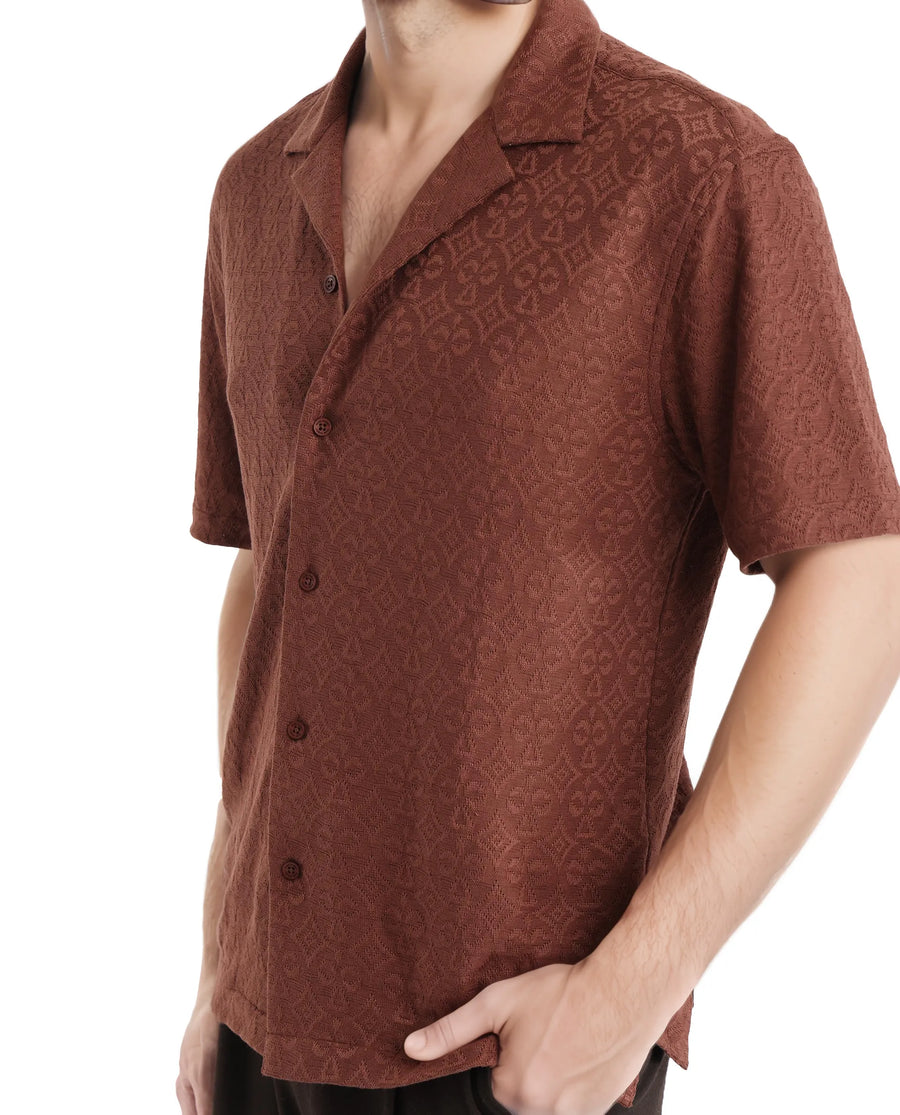 Rare Rabbit Men's Accra Dark Brown Cotton Blend Jacquard Boxy Fit Half Sleeve Cuban Collar Shirt