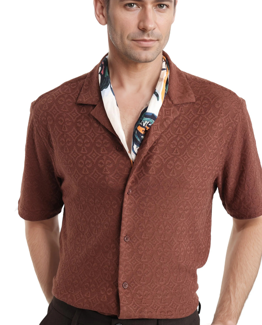 Rare Rabbit Men's Accra Dark Brown Cotton Blend Jacquard Boxy Fit Half Sleeve Cuban Collar Shirt