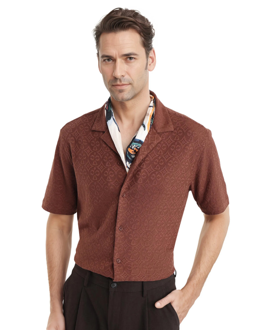 Rare Rabbit Men's Accra Dark Brown Cotton Blend Jacquard Boxy Fit Half Sleeve Cuban Collar Shirt