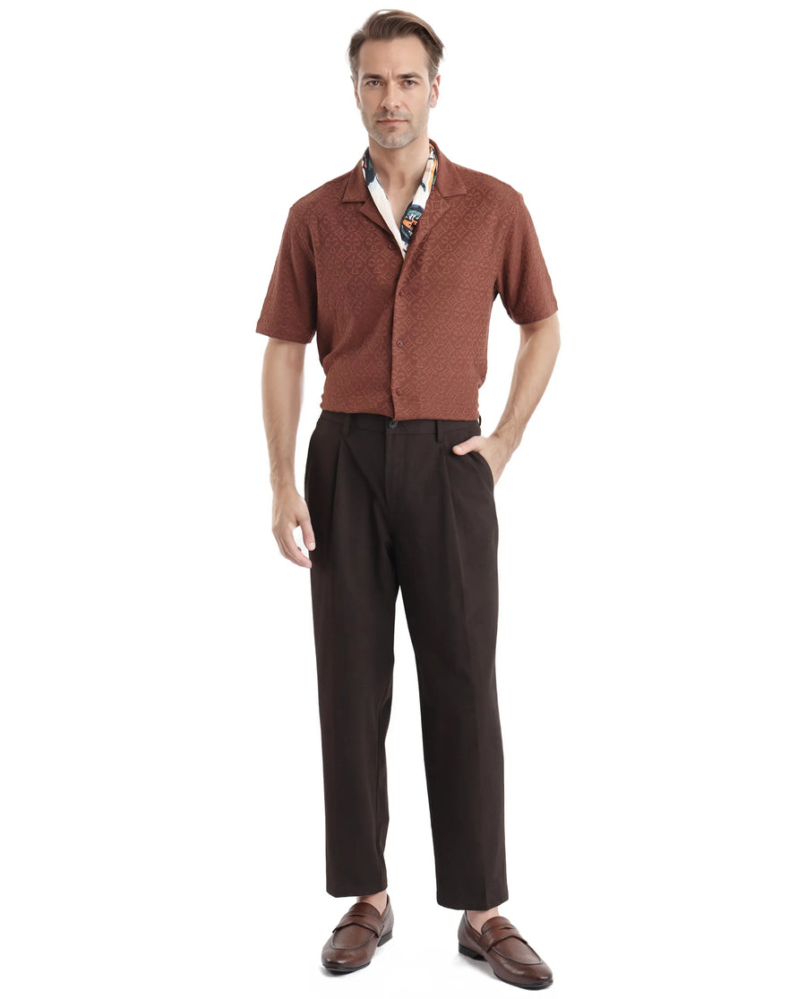 Rare Rabbit Men's Accra Dark Brown Cotton Blend Jacquard Boxy Fit Half Sleeve Cuban Collar Shirt