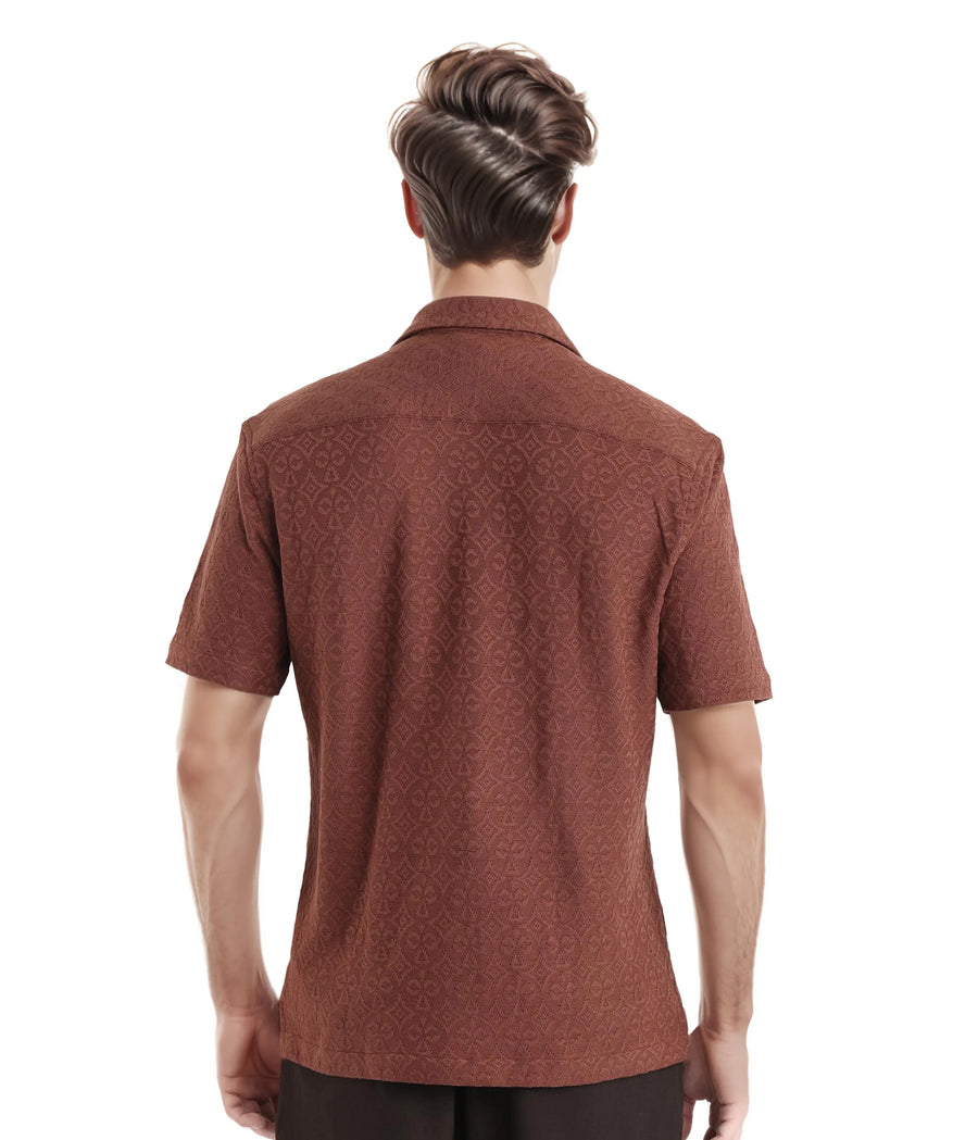 Rare Rabbit Men's Accra Dark Brown Cotton Blend Jacquard Boxy Fit Half Sleeve Cuban Collar Shirt