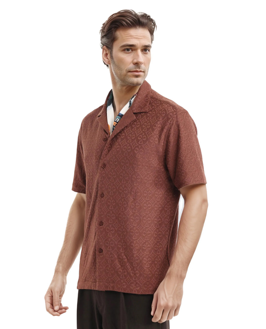 Rare Rabbit Men's Accra Dark Brown Cotton Blend Jacquard Boxy Fit Half Sleeve Cuban Collar Shirt
