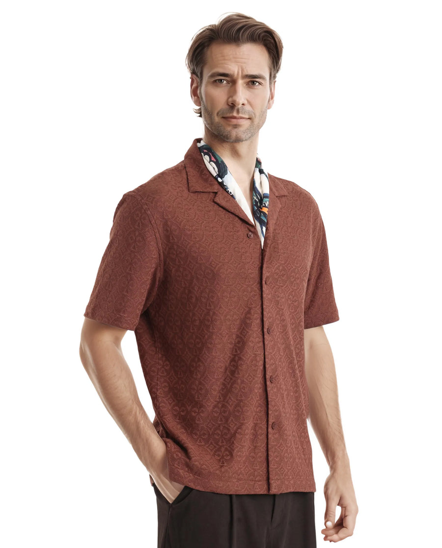 Rare Rabbit Men's Accra Dark Brown Cotton Blend Jacquard Boxy Fit Half Sleeve Cuban Collar Shirt