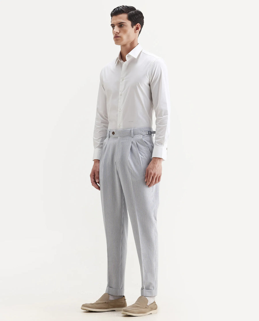 Rare Rabbit Men's Ace Light Blue Polyester Blend Striped Print Relaxed Fit Trouser