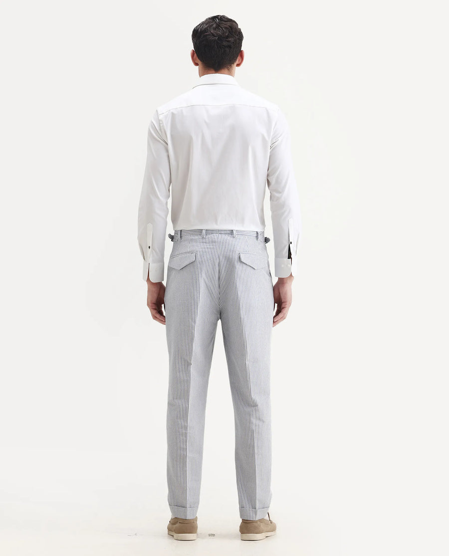 Rare Rabbit Men's Ace Light Blue Polyester Blend Striped Print Relaxed Fit Trouser