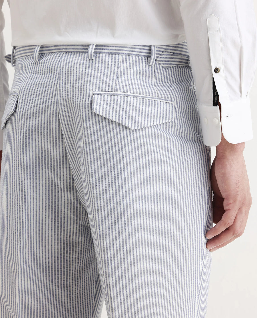 Rare Rabbit Men's Ace Light Blue Polyester Blend Striped Print Relaxed Fit Trouser