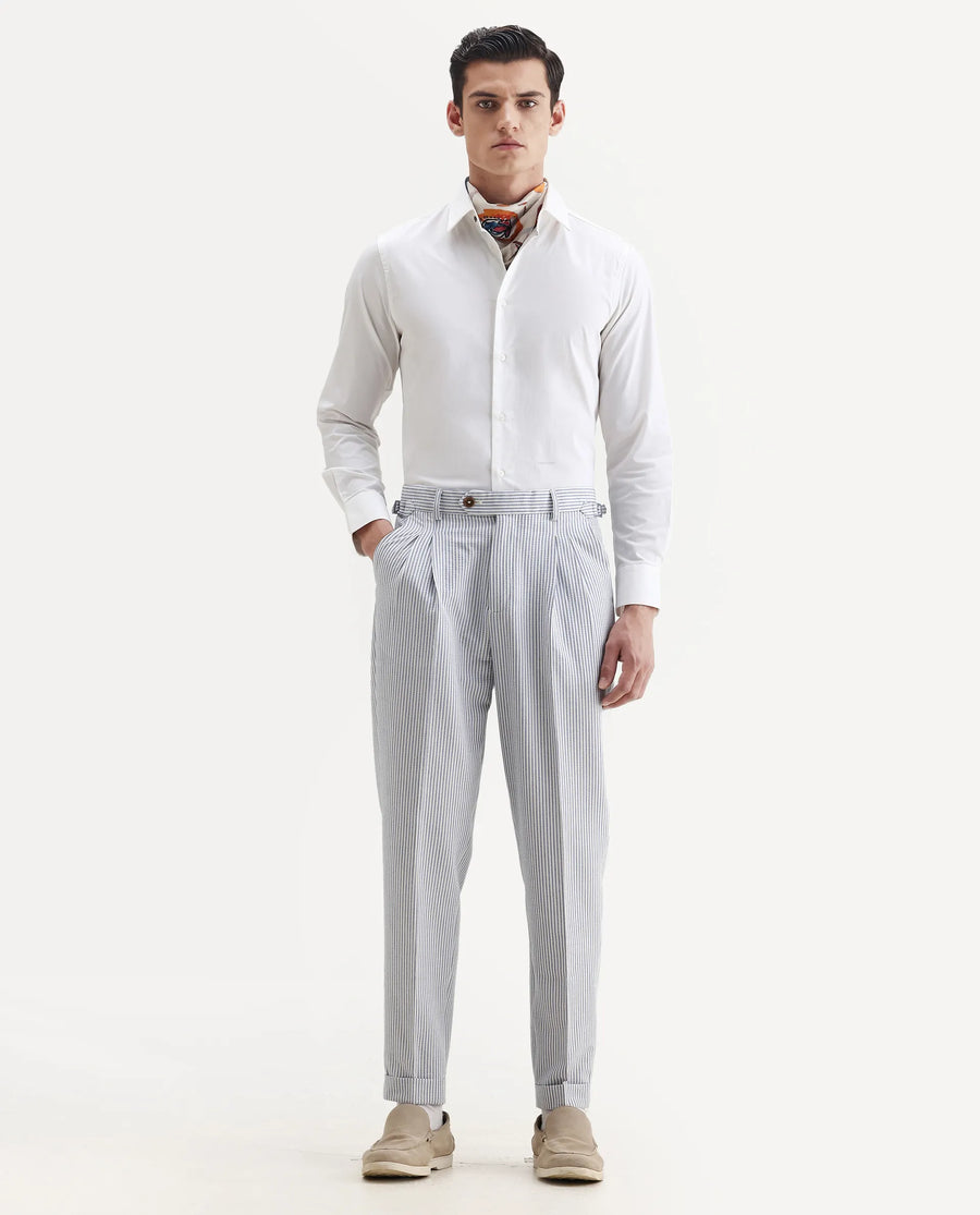 Rare Rabbit Men's Ace Light Blue Polyester Blend Striped Print Relaxed Fit Trouser