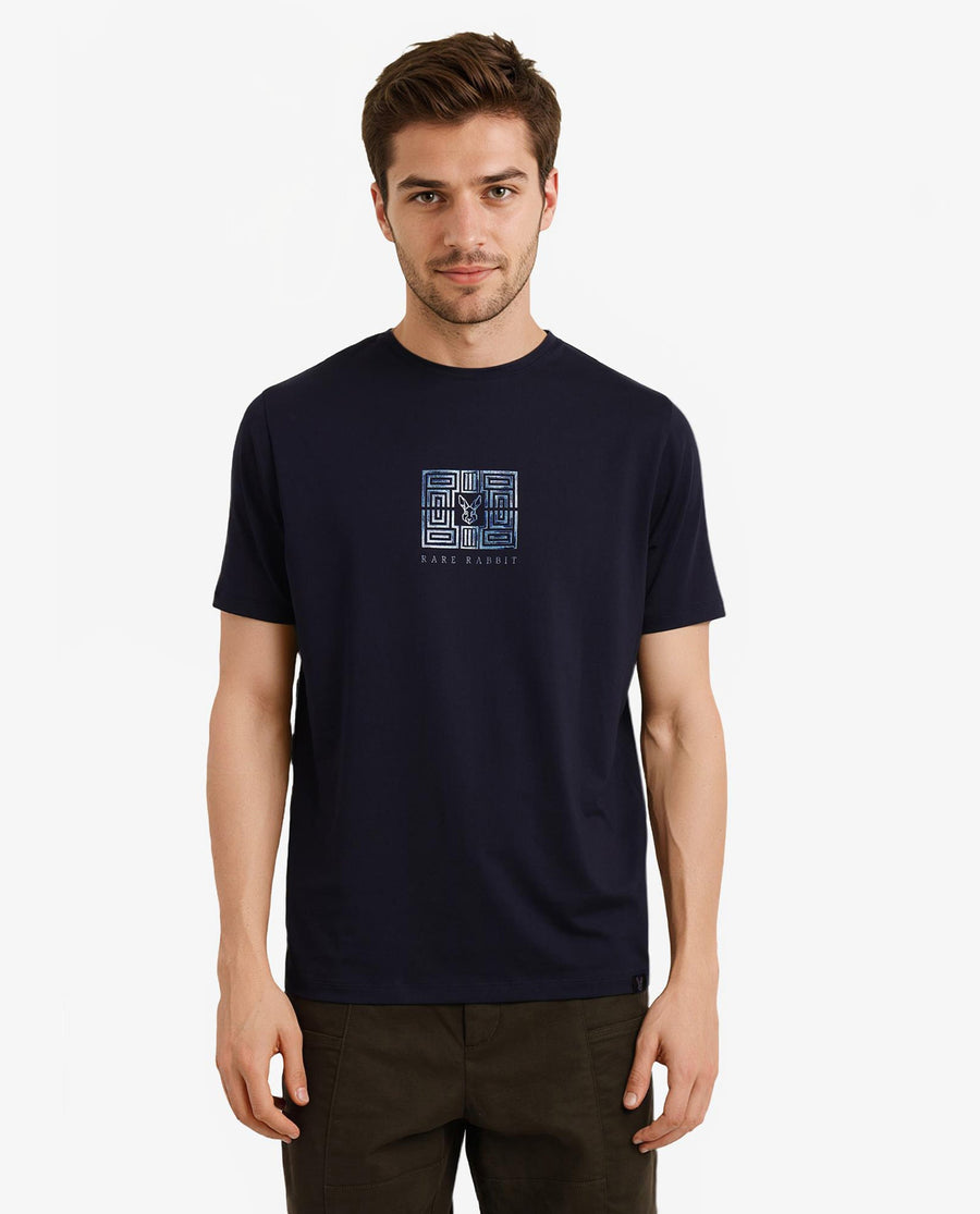 Rare Rabbit Men's Ack Navy Logo Print Regular Fit Half Sleeve Crew Neck T-Shirt