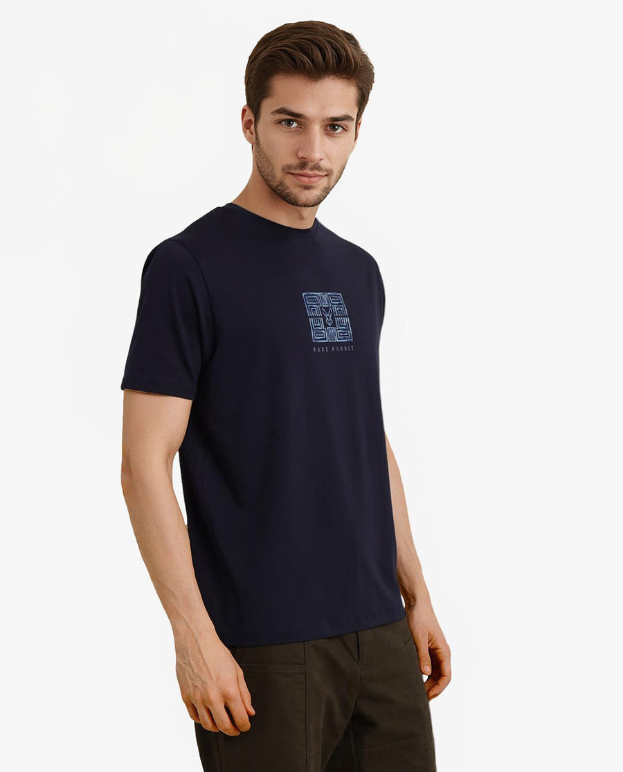 Rare Rabbit Men's Ack Navy Logo Print Regular Fit Half Sleeve Crew Neck T-Shirt
