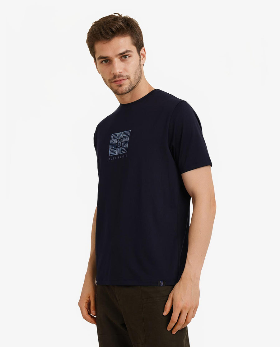 Rare Rabbit Men's Ack Navy Logo Print Regular Fit Half Sleeve Crew Neck T-Shirt