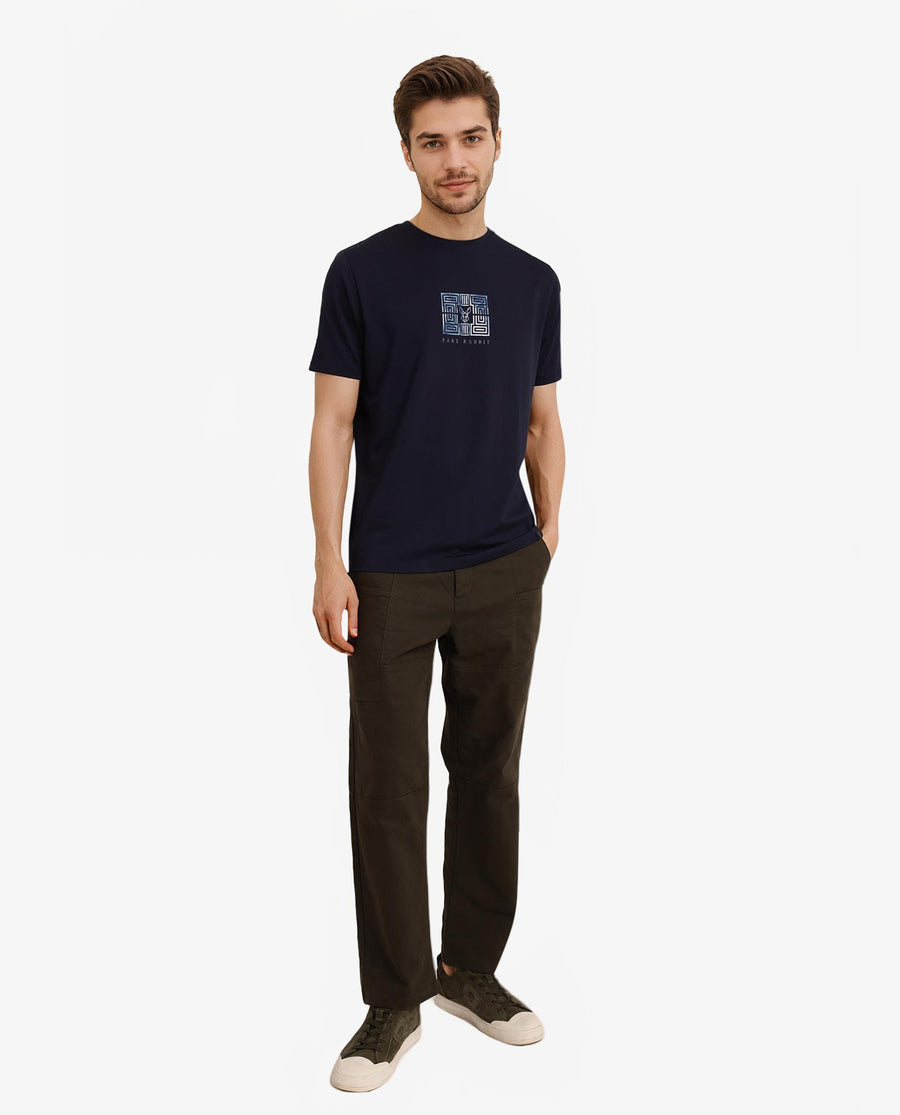 Rare Rabbit Men's Ack Navy Logo Print Regular Fit Half Sleeve Crew Neck T-Shirt