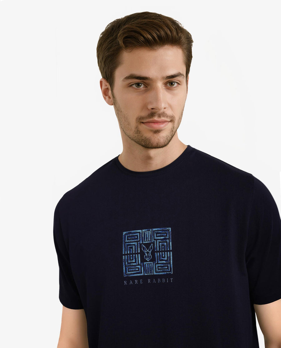 Rare Rabbit Men's Ack Navy Logo Print Regular Fit Half Sleeve Crew Neck T-Shirt