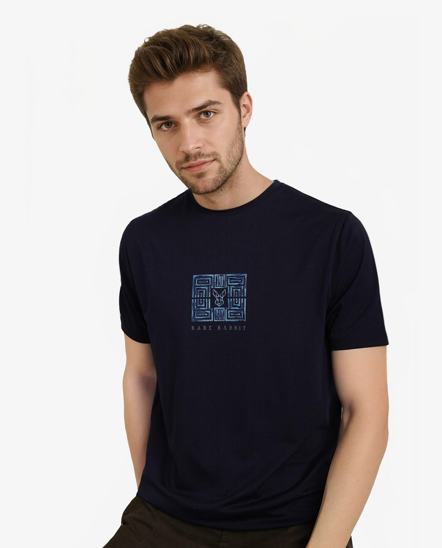 Rare Rabbit Men's Ack Navy Logo Print Regular Fit Half Sleeve Crew Neck T-Shirt