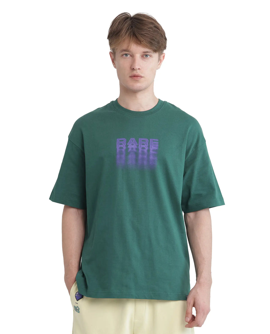 Rare Rabbit Men's Act Dark Green Cotton Graphic Print Oversized Fit Half Sleeve Crew Neck T-Shirt
