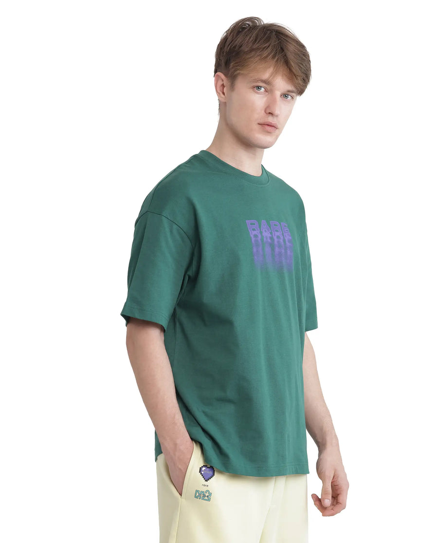 Rare Rabbit Men's Act Dark Green Cotton Graphic Print Oversized Fit Half Sleeve Crew Neck T-Shirt