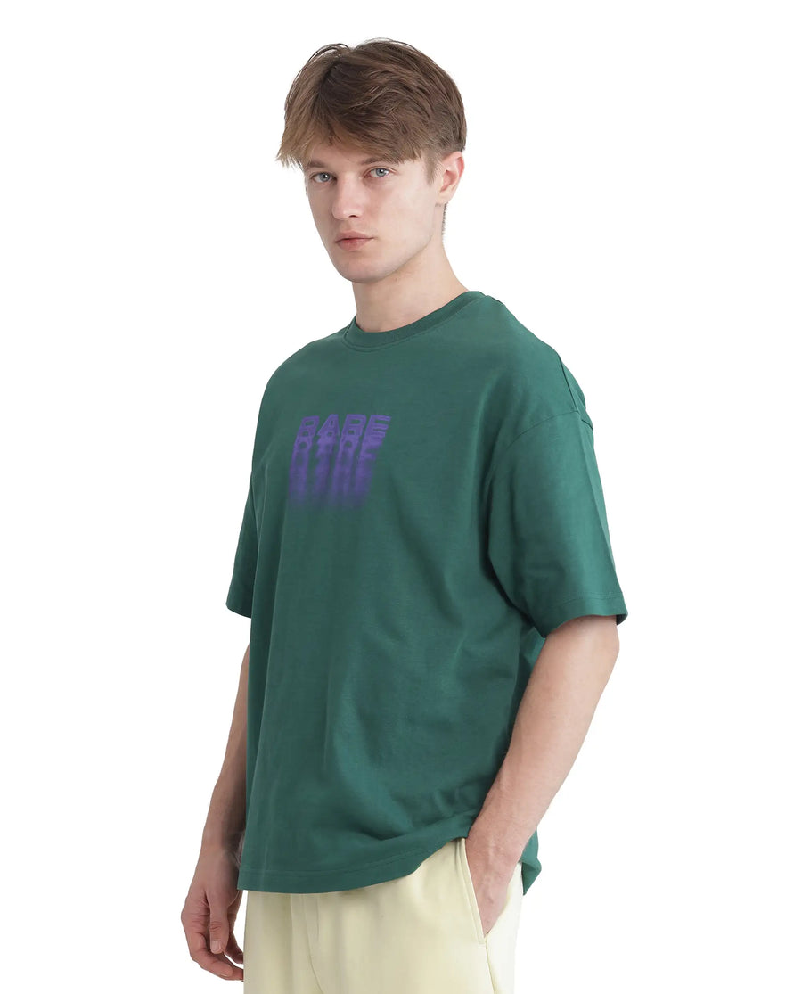 Rare Rabbit Men's Act Dark Green Cotton Graphic Print Oversized Fit Half Sleeve Crew Neck T-Shirt