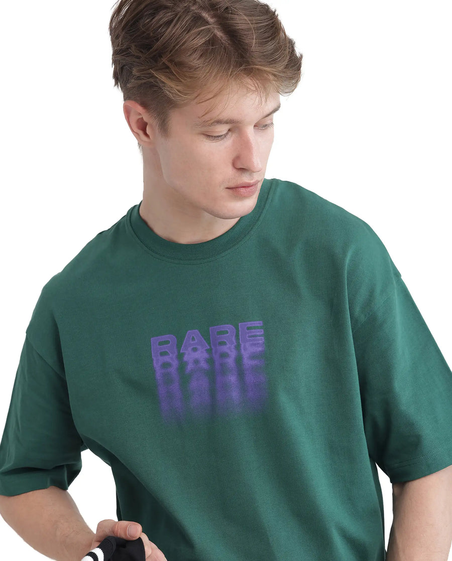 Rare Rabbit Men's Act Dark Green Cotton Graphic Print Oversized Fit Half Sleeve Crew Neck T-Shirt