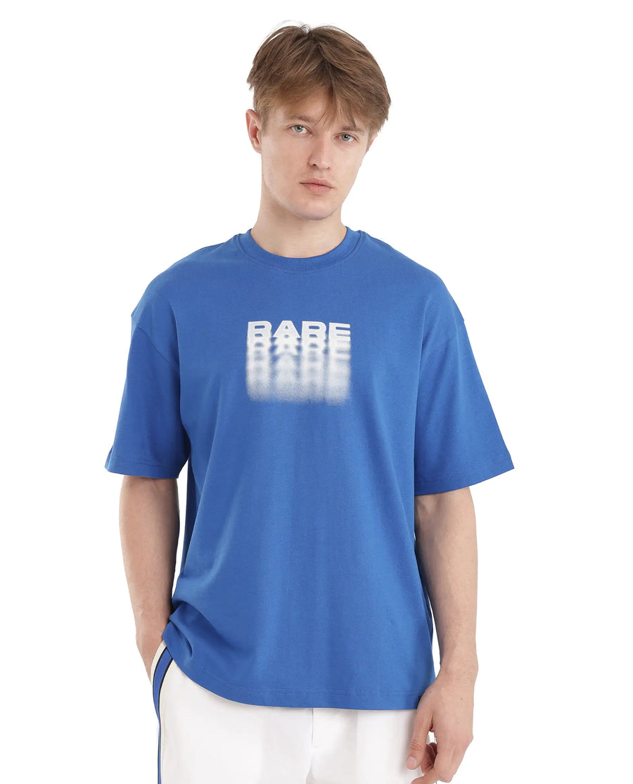 Rare Rabbit Men's Act Dark Blue Cotton Graphic Print Oversized Fit Half Sleeve Crew Neck T-Shirt