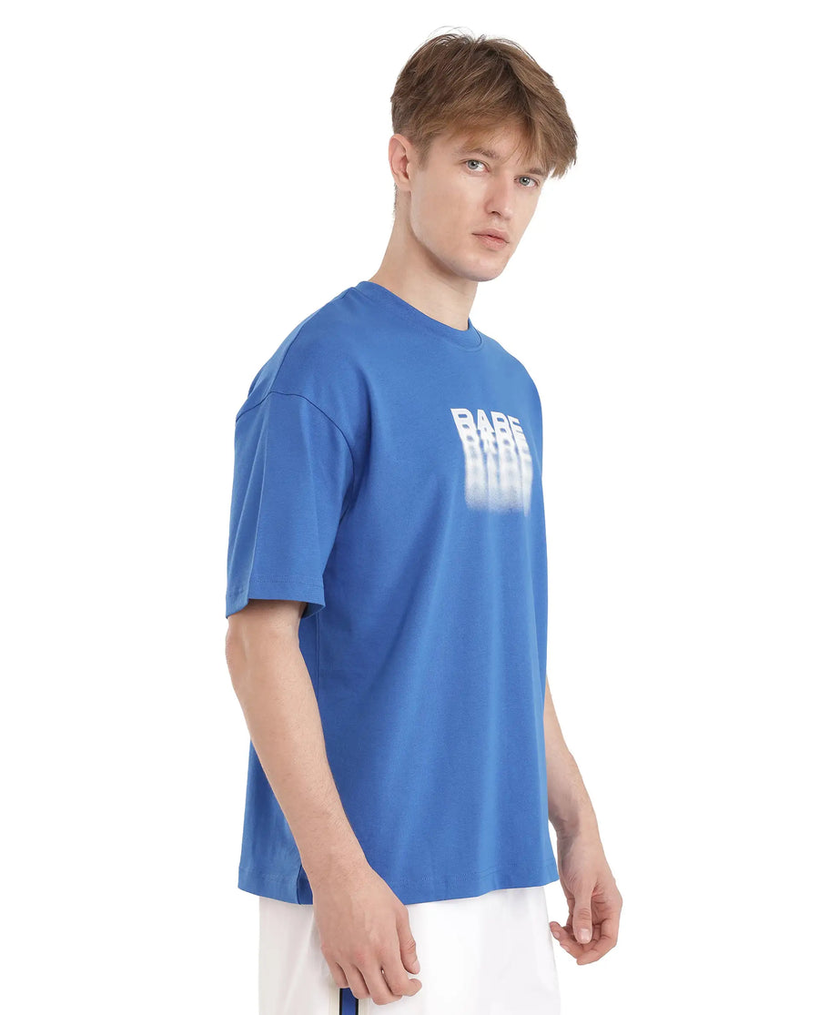 Rare Rabbit Men's Act Dark Blue Cotton Graphic Print Oversized Fit Half Sleeve Crew Neck T-Shirt