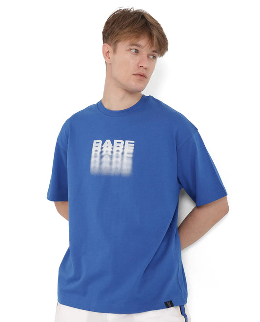 Rare Rabbit Men's Act Dark Blue Cotton Graphic Print Oversized Fit Half Sleeve Crew Neck T-Shirt