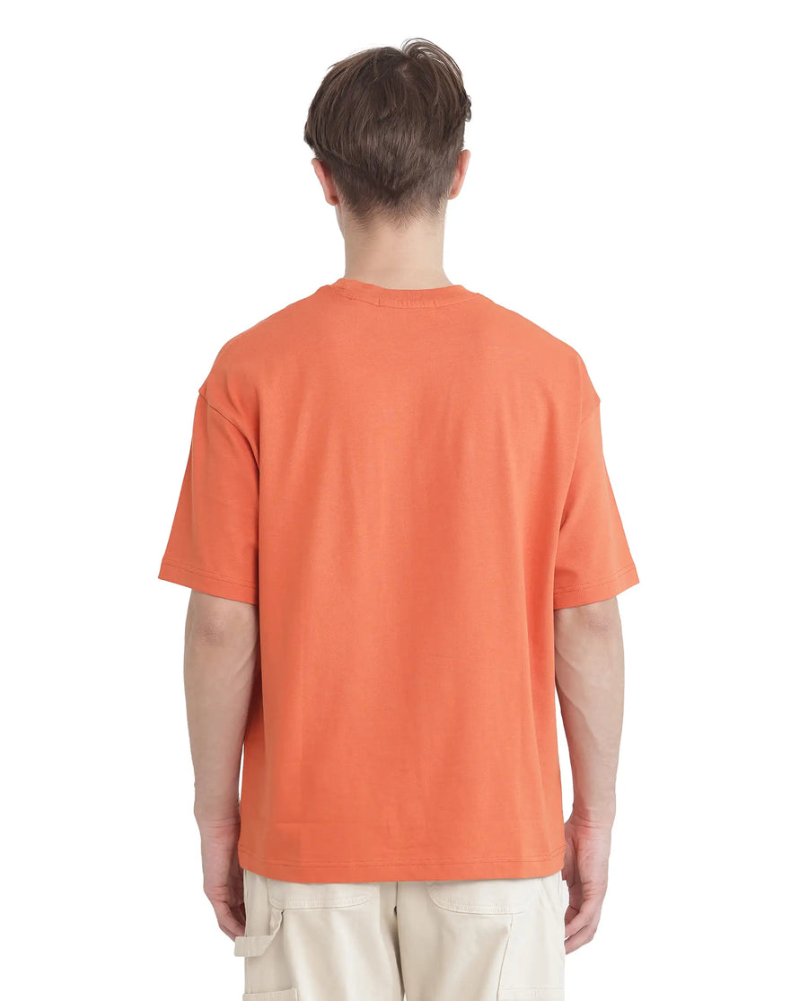 Rare Rabbit Men's Act Orange Cotton Graphic Print Oversized Fit Half Sleeve Crew Neck T-Shirt