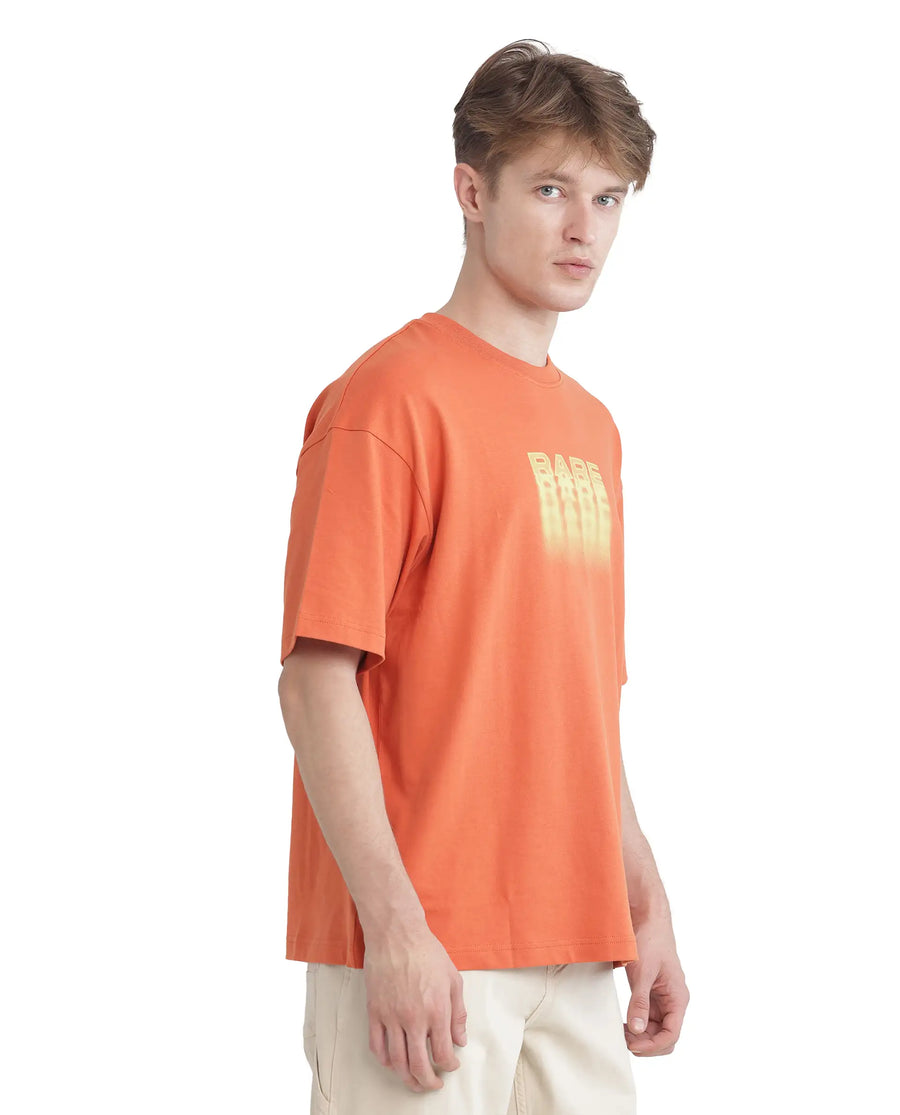 Rare Rabbit Men's Act Orange Cotton Graphic Print Oversized Fit Half Sleeve Crew Neck T-Shirt